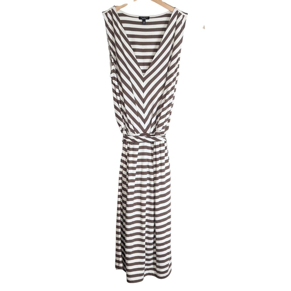 Talbots Brown Cream Striped Sleeveless Dress Size XS Tie Waist Pockets Stretch